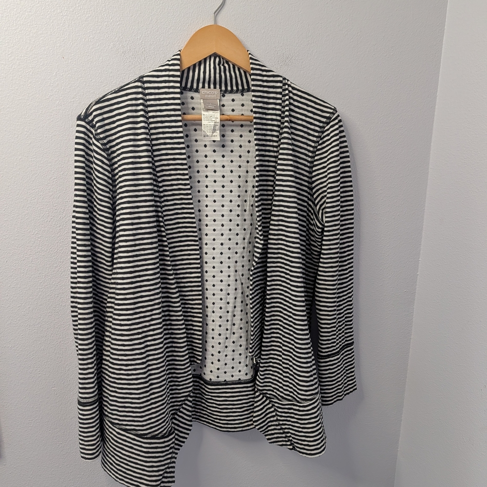 Chico’s Zenergy Open Front Cardigan | Black White Stripe Polka Dot | Size 1 (M)